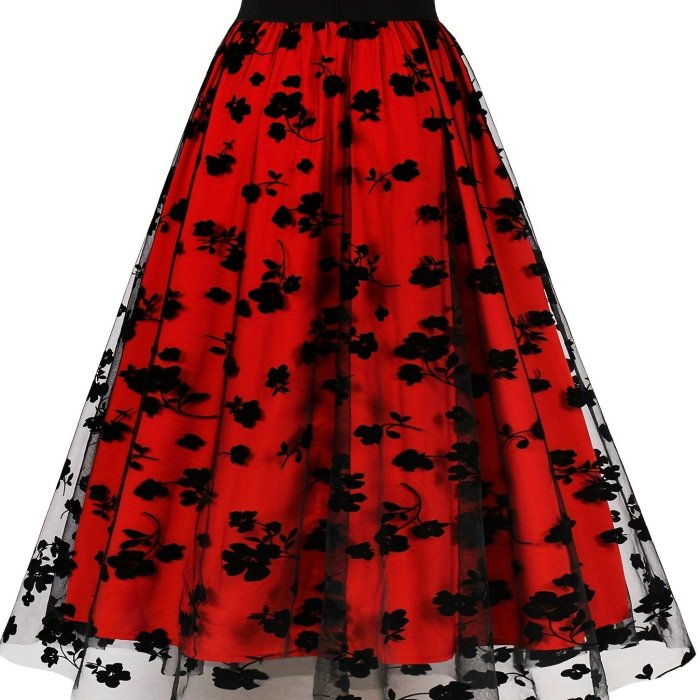 Floral Print Mesh Overlay Skirt, Elegant Skirt For Spring & Summer, Women's Clothing