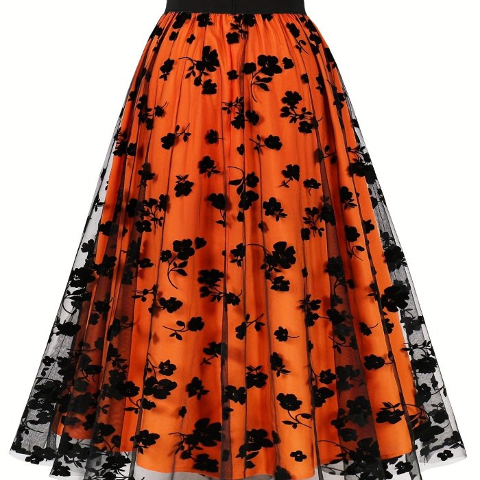 Floral Print Mesh Overlay Skirt, Elegant Skirt For Spring & Summer, Women's Clothing