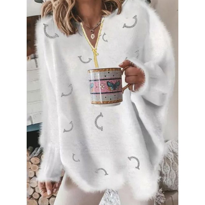 Women Pullover V Neck Solid Color Loose Fashion Beaded Decor Long Sleeve Fluffy Sweater