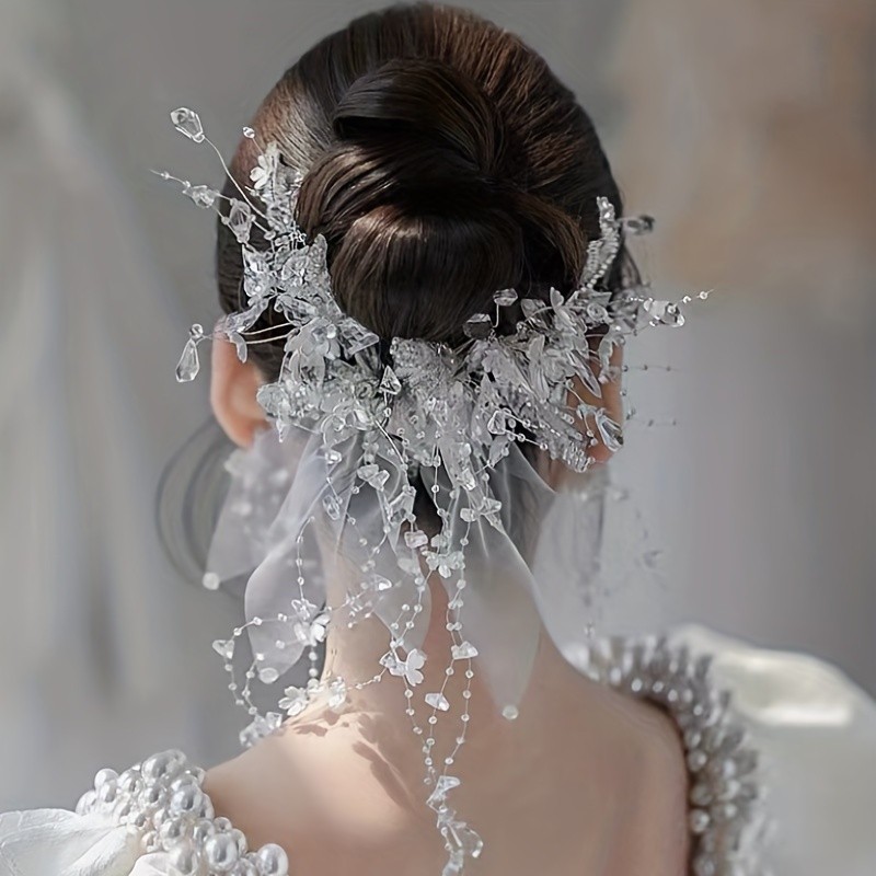 Bride Crystal Beads Flower Veil Sweet Wedding Dress Headwear With Clip Duck Billed Clip Hair Accessories