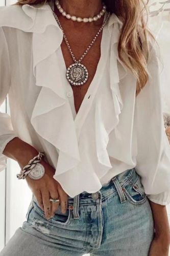 Solid Color Long Sleeve Loose Fashion Ruffles Casual Blouse