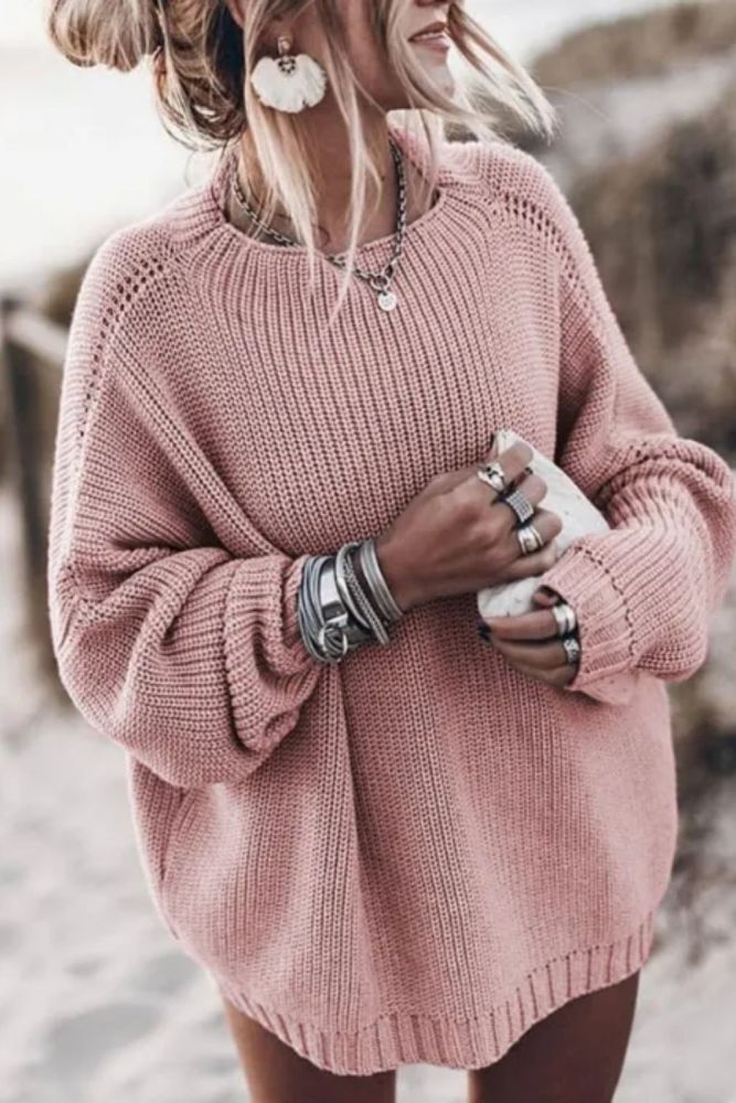 Fashion Warm Loose Pullover Solid O-neck Long Sleeve Knitt Oversized Sweaters