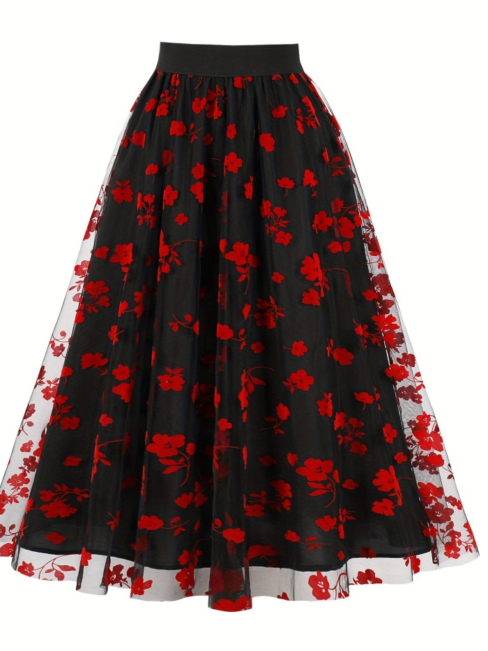 Floral Print Mesh Overlay Skirt, Elegant Skirt For Spring & Summer, Women's Clothing
