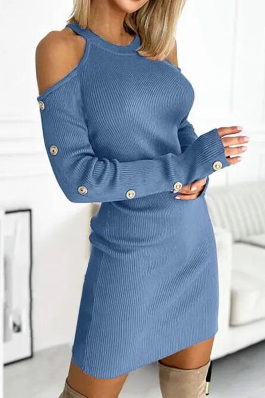 Fashion Sexy Club Off Shoulder Long Sleeves Knitted Sweater Mini Dress