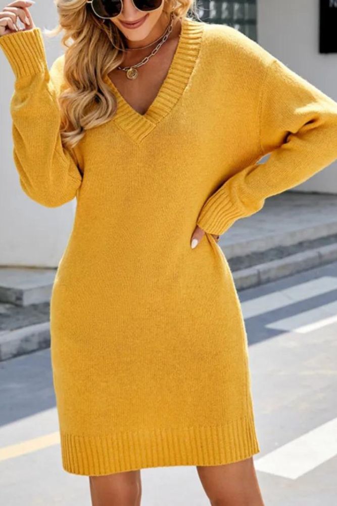 Casual Elegant V Neck Knit Loose Solid Color Fashion Sweater Dress