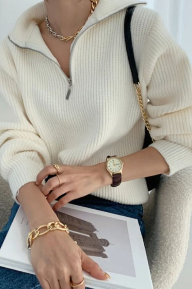 Women's Long Sleeve Loose Knitted Zipper Solid Pullover Sweater