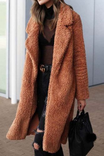 Woman Solid Color Faux Fur Thick Warm Plush Coat