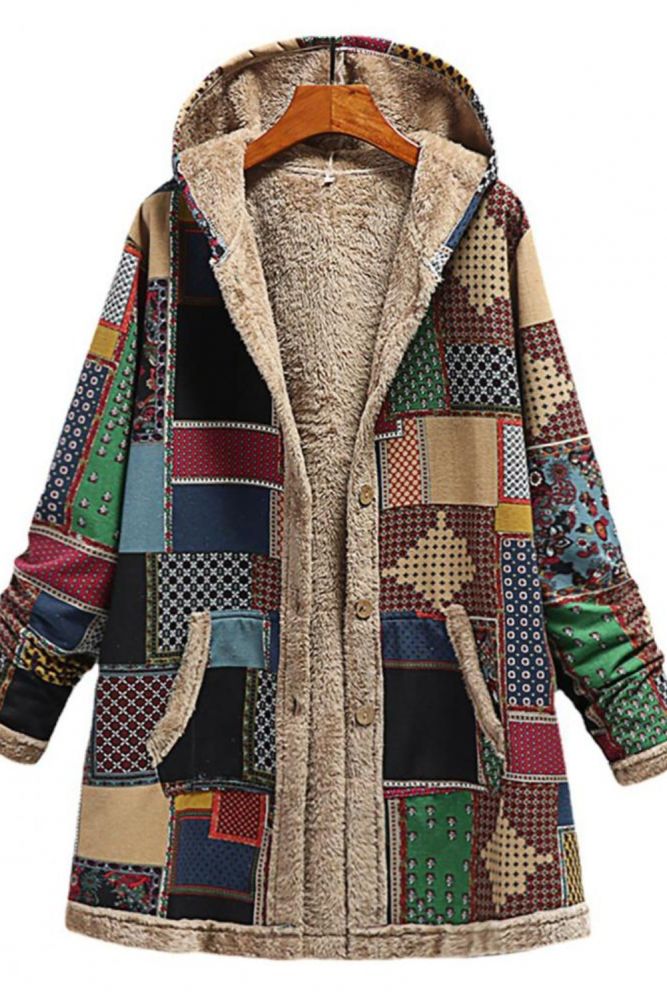 Women's Cotton Linen Print Hooded Warm Plush Coat