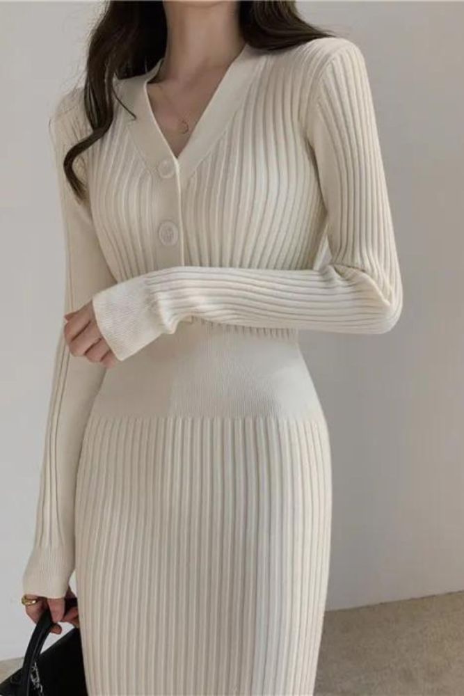 Vintage Knit Sweater Long Sleeve Elegant Button V Neck Midi Dress