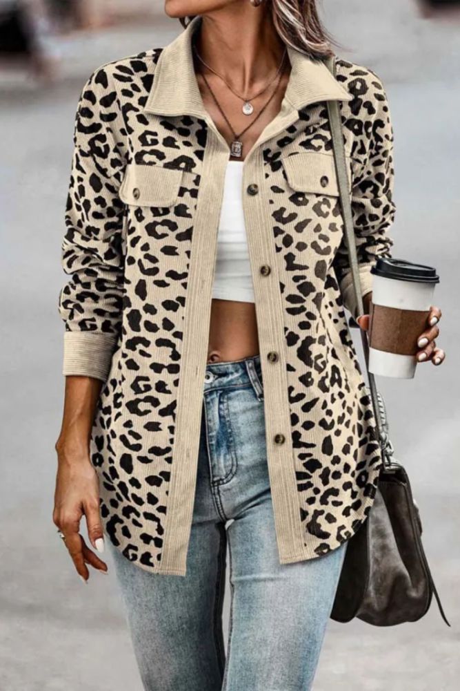 Women Corduroy Loose Leopard Jacket