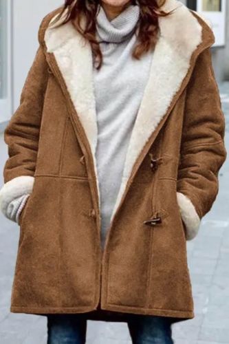 Women Fuzzy Outerwear Solid Color Hooded Button Coat
