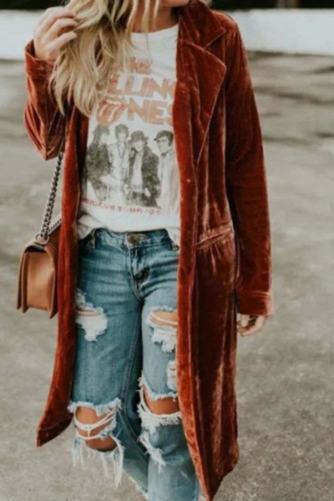 Fashion Women Casual Solid Color Golden Elegant Velvet Coat