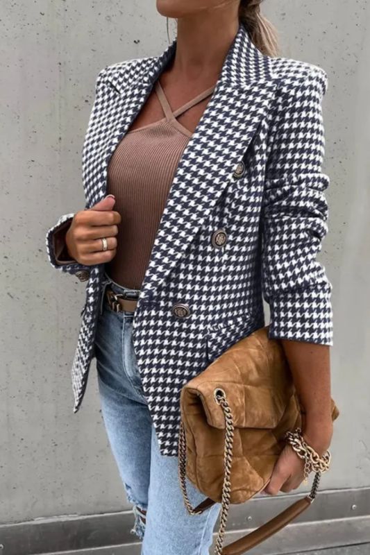 Women Print Casual Plaid Blazer Coat