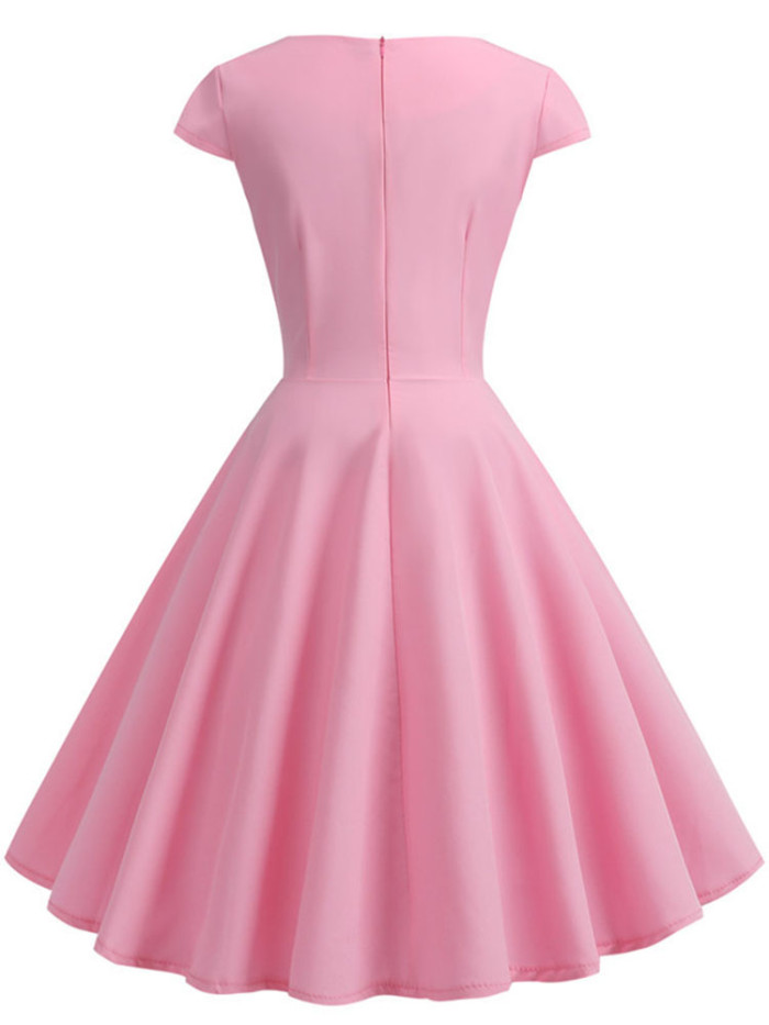 2022 New Retro Pink Summer Dress Women V Neck Big Swing Vintage Dress Robe Femme Elegant Street Pin Up Party Office Midi Dresses