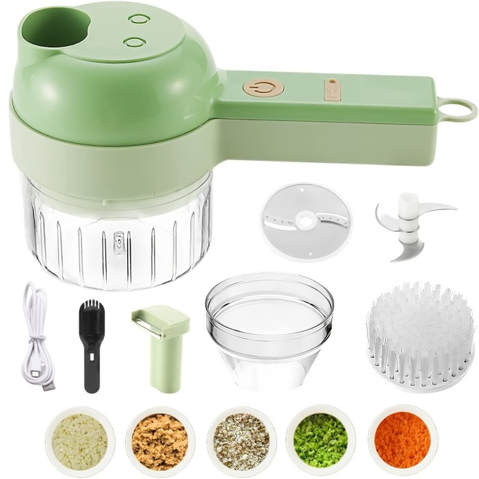 1pc 4 In 1 Vegetable Chopper Handheld Electric Vegetable Cutter Set Portable Wireless Garlic Mud Masher Garlic Press And Slicer Set Multifunctional Electric Mini Food Processor With Brush For Ginger Peppers Onions Garlic Vegetable Chopper