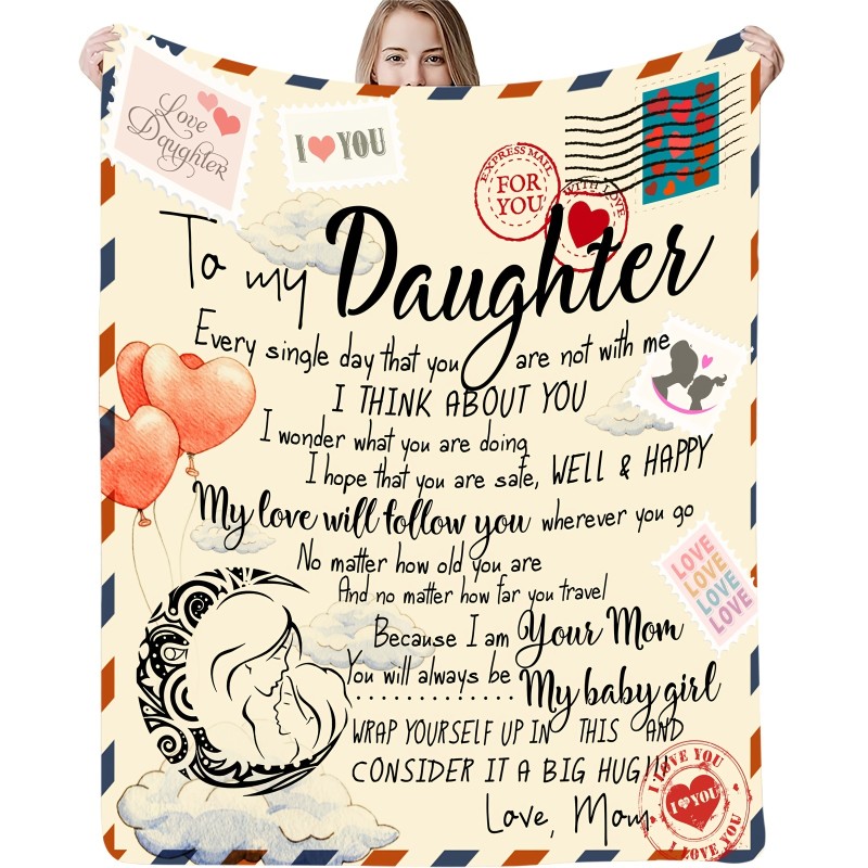 1pc Letter To Daughter Print Flannel Blanket, Vintage Soft Throw Blanket For Living Room