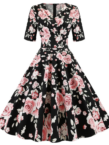 2023 New Hepburn Vintage Cotton Floral Print Flower Dress Casual Short Sleeve Retro 50s 60s Swing Women Summer Swing Dresses