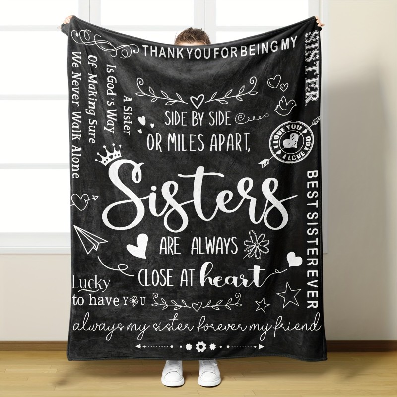 1pc Slogan Print Blanket, Black Flannel Blanket Gift For Sister, Soft Cozy Throw Blanket For Sofa Bed Couch Camping Office Travel