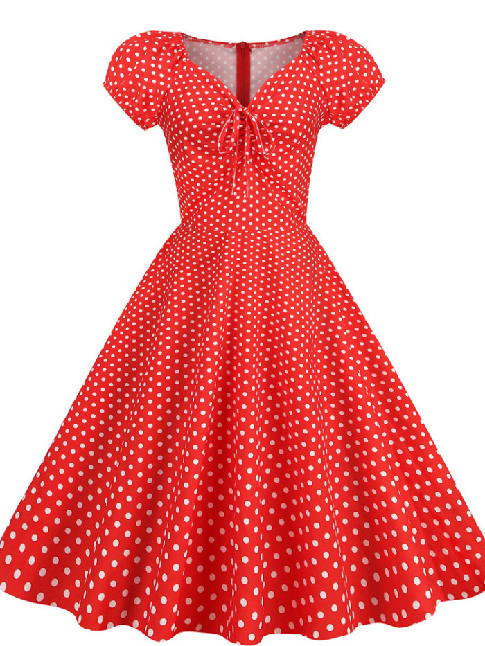2023 White Polka Dot Printed Vintage Dress Women Summer Retro 50s 60s Swing Pin Up Rockabilly Dress Puff Sleeve Robe Vestidos