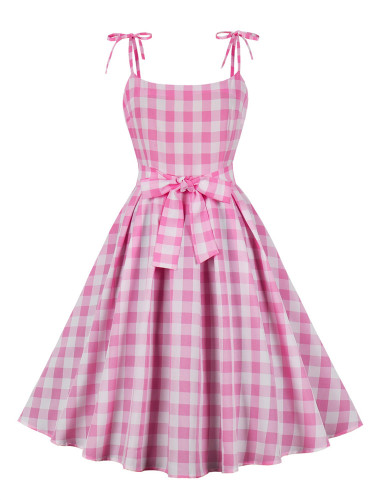 2023 New Harajuku Vintage Cosplay Dress Pink Plaid Sexy Halter Neck Sleeveless 50s Hepburn Summer Retro Dresses Halloween Suits