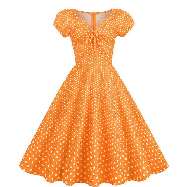 2023 White Polka Dot Printed Vintage Dress Women Summer Retro 50s 60s Swing Pin Up Rockabilly Dress Puff Sleeve Robe Vestidos