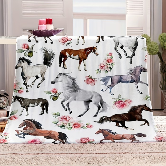 1pc Galloping Horse Pattern Blanket, No Shedding No Pilling Soft And Skin-friendly Blanket, Digital Printing Flannel Blanket, Fluffy Microfiber Solid Blankets For Bed Couch Sofa Camping Office, Suitable For All Seasons