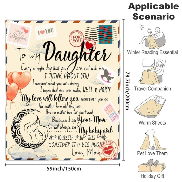 1pc Letter To Daughter Print Flannel Blanket, Vintage Soft Throw Blanket For Living Room