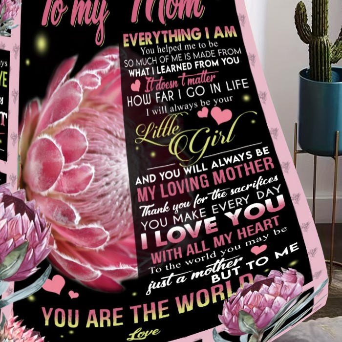 1pc Flannel Blanket, To My Mom From Daughter Son Lotus Print Blanket, Warm Cozy Soft Throw Blanket For Couch Bed Sofa Thanksgiving Day Birthday Gift