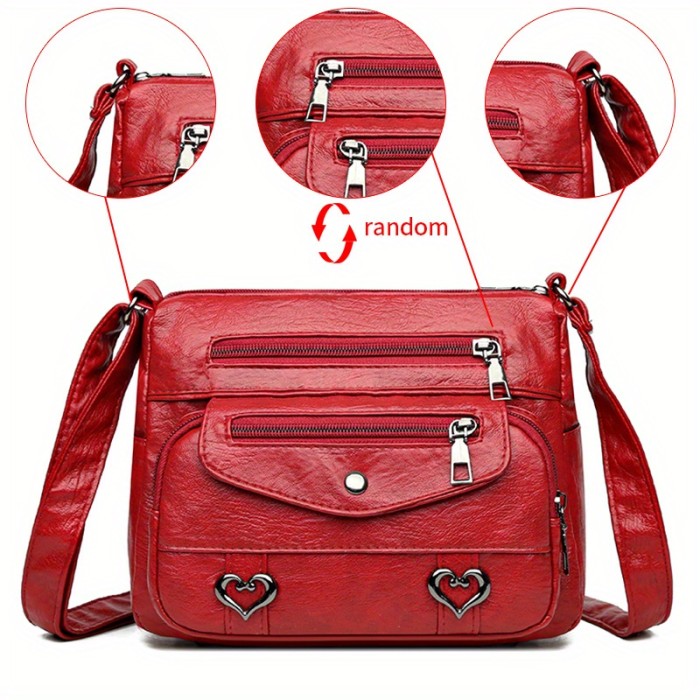 Heart Decor Crossbody Bag, Vintage Multi Pockets Shoulder Bag, Women's Faux Leather Purse