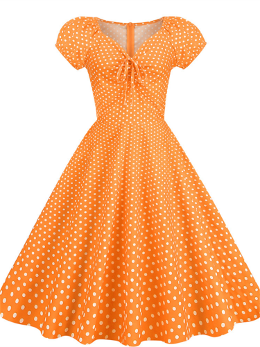2023 White Polka Dot Printed Vintage Dress Women Summer Retro 50s 60s Swing Pin Up Rockabilly Dress Puff Sleeve Robe Vestidos