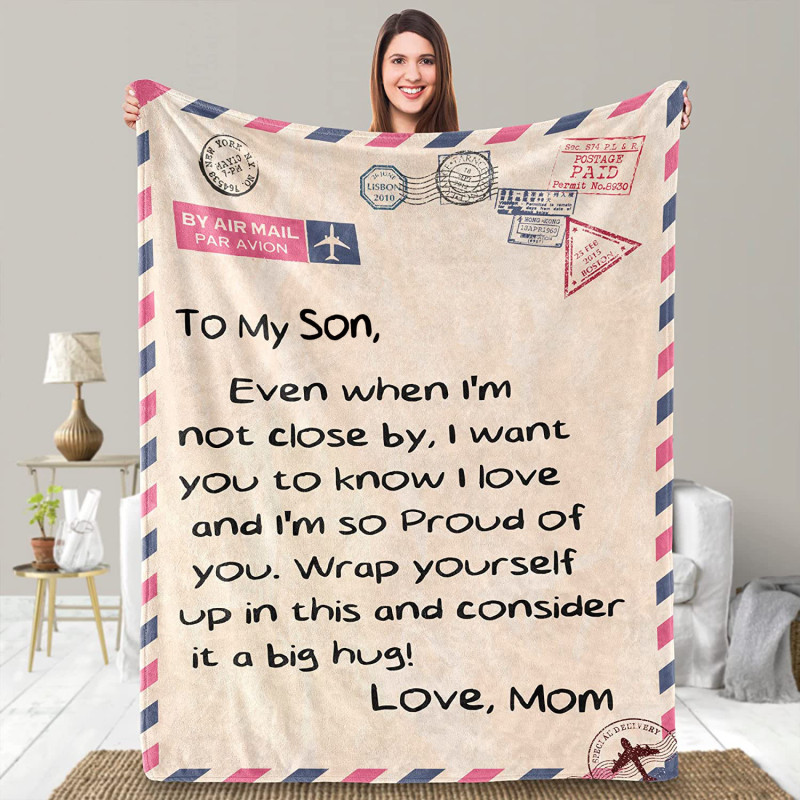 1pc Letter Print Throw Blanket, TO MY SON Flannel Blanket, Soft Blanket For Bed, Couch, Camping And Travel