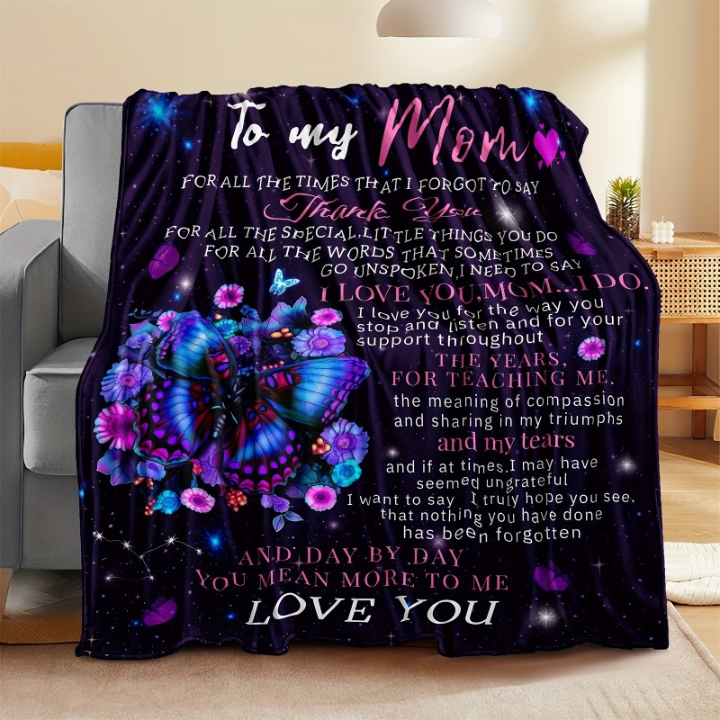 1pc Butterfly Print Flannel Blanket, To My Mom Soft Throw Blanket For Couch Bed Sofa Camping Travelling Mother's Day Gift