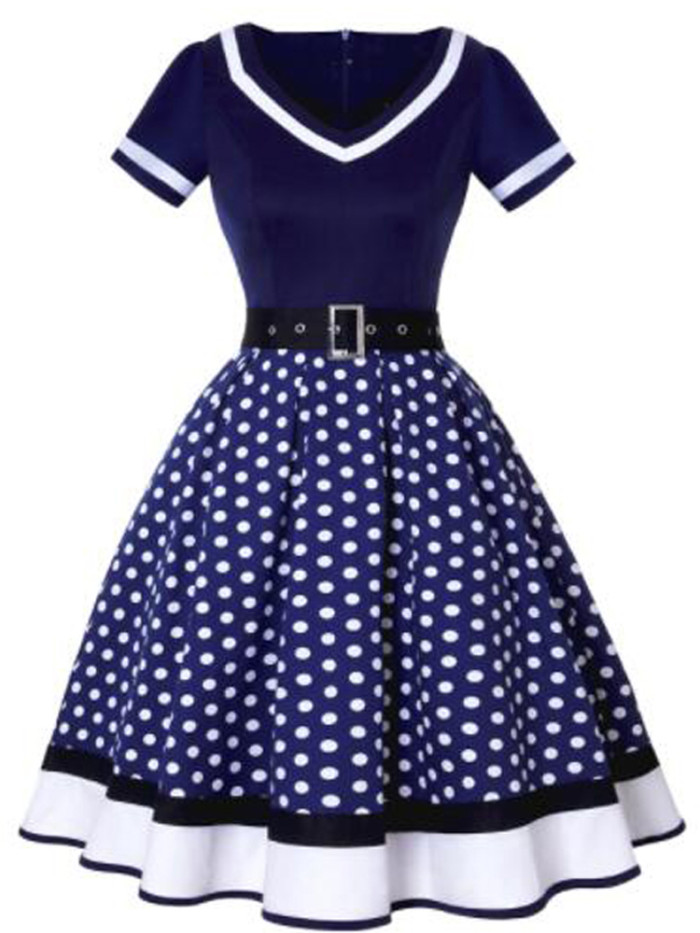 2022 Vintage 50s 60s Women's Vintage Party Dress With Belt Polka Dot Print Short Sleeve Hepburn Robe Pin Up Rockabilly Dresses