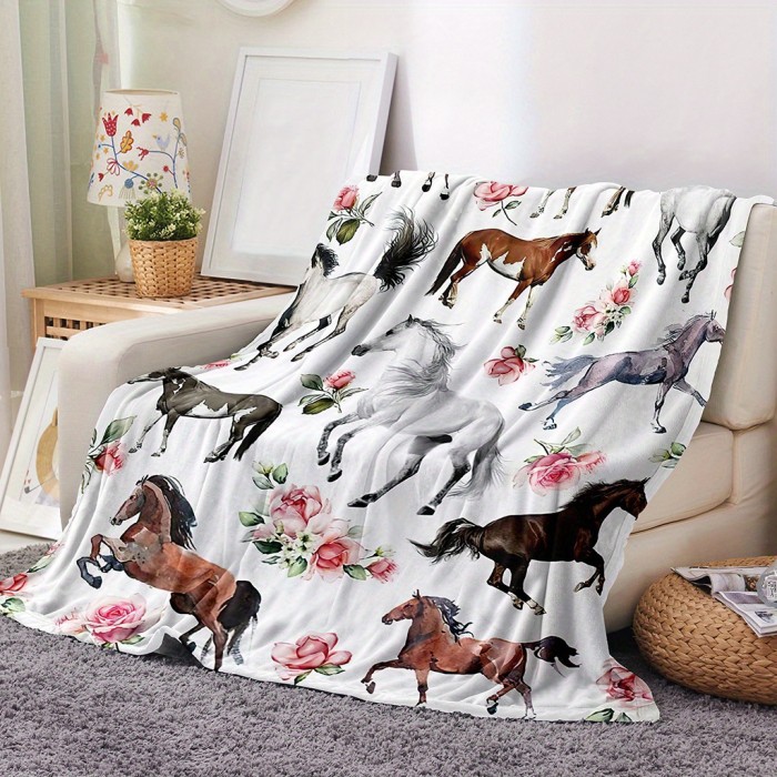 1pc Galloping Horse Pattern Blanket, No Shedding No Pilling Soft And Skin-friendly Blanket, Digital Printing Flannel Blanket, Fluffy Microfiber Solid Blankets For Bed Couch Sofa Camping Office, Suitable For All Seasons