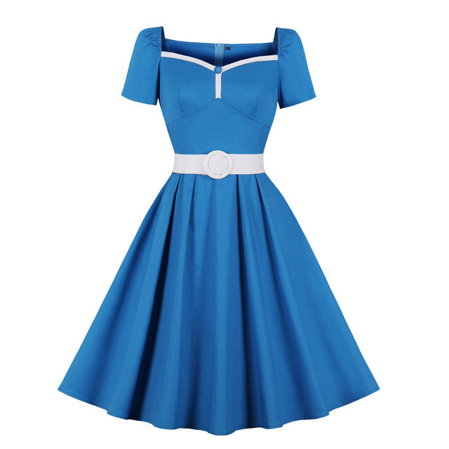 2023 New Women Summer Pin Up Sky Blue Party Dress Casual Short Sleeve Retro Robe 60s 50s Vintage Rockabilly Swing Dress Vestidos