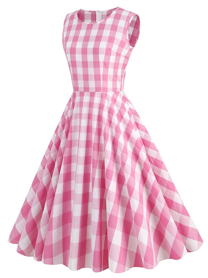 2023 New Vintage Kawaii Pink Plaid Dress Retro Women Costume Movie Barbei Roleplay Fantasia Halloween Party Clothes For Disguise