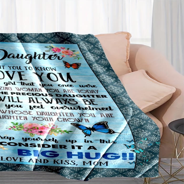 1pc Butterfly Flower Printed Flannel Blanket, To My Daughter From Mom Blanket, Warm Cozy Soft Throw Blanket For Couch Bed Sofa