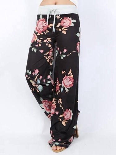 Women's Casual Lace-Up Wide Leg Pants with Printed Pattern