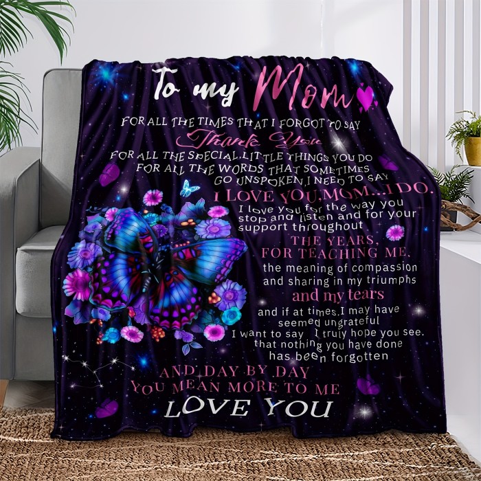 1pc Butterfly Print Flannel Blanket, To My Mom Soft Throw Blanket For Couch Bed Sofa Camping Travelling Mother's Day Gift