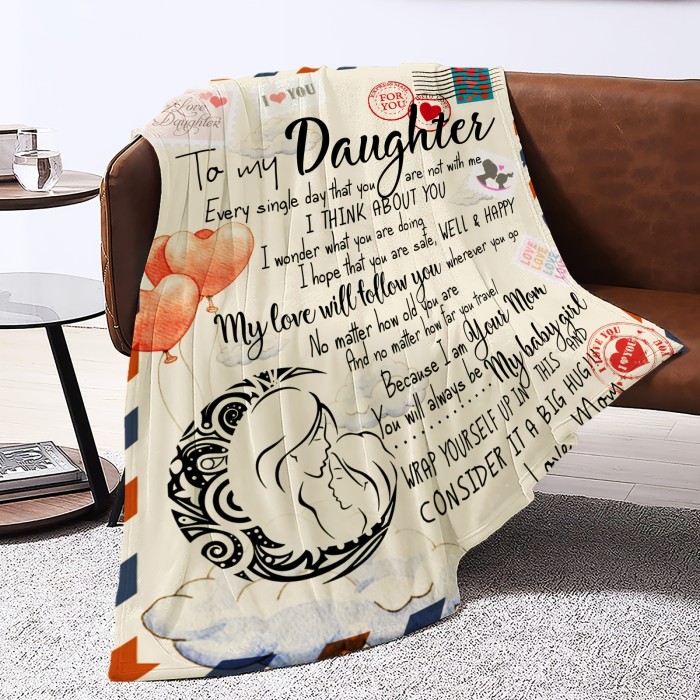 1pc Letter To Daughter Print Flannel Blanket, Vintage Soft Throw Blanket For Living Room