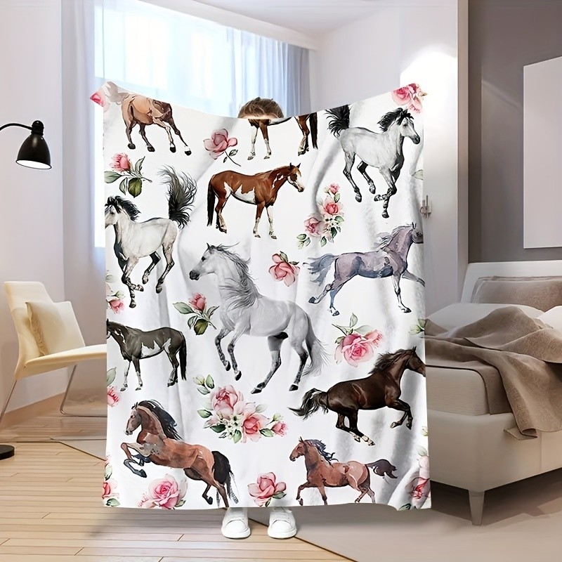 1pc Galloping Horse Pattern Blanket, No Shedding No Pilling Soft And Skin-friendly Blanket, Digital Printing Flannel Blanket, Fluffy Microfiber Solid Blankets For Bed Couch Sofa Camping Office, Suitable For All Seasons