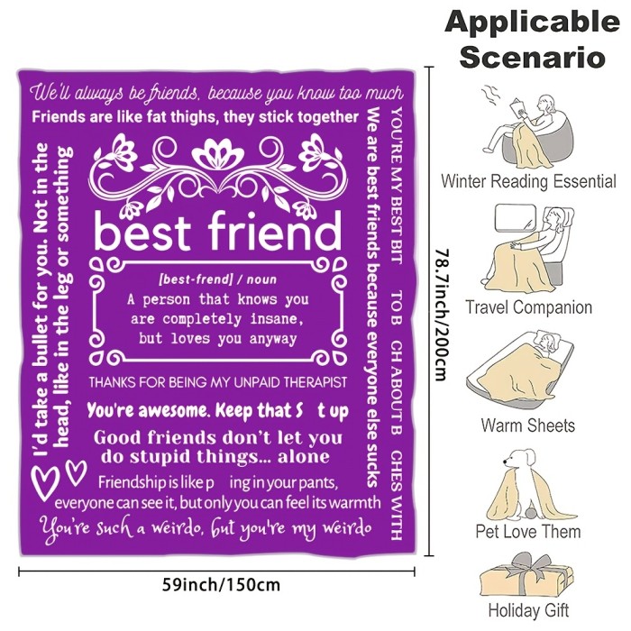 1pc Purple To Best Friend Letter Blanket, Soft Flannel Blanket For Living Room & Bedroom, Gift For Friends