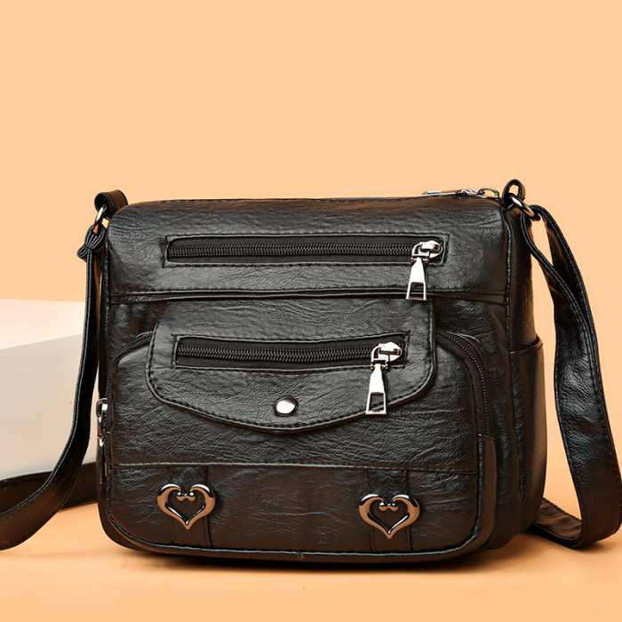 Heart Decor Crossbody Bag, Vintage Multi Pockets Shoulder Bag, Women's Faux Leather Purse
