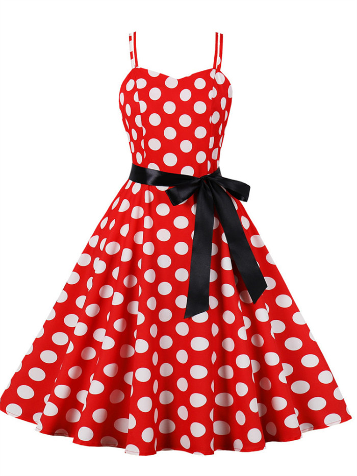 2023 New Fashion Polka Dot Vintage Spaghetti Strap A-Line Summer Dresses for Women Vacation Beach Casual Belted Slip Women Dress