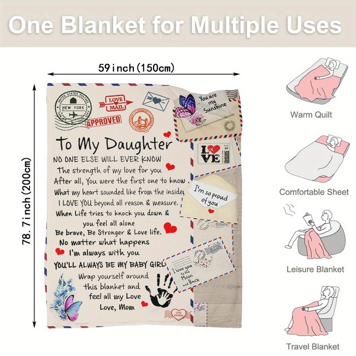 1pc To My Daughter Blanket,  Envelope Pattern Mother's Words To Daughter, Digital Printing Flannel Blanket, Fluffy Microfiber Solid Blankets For Bed Couch Sofa Camping Office, Suitable For All Seasons