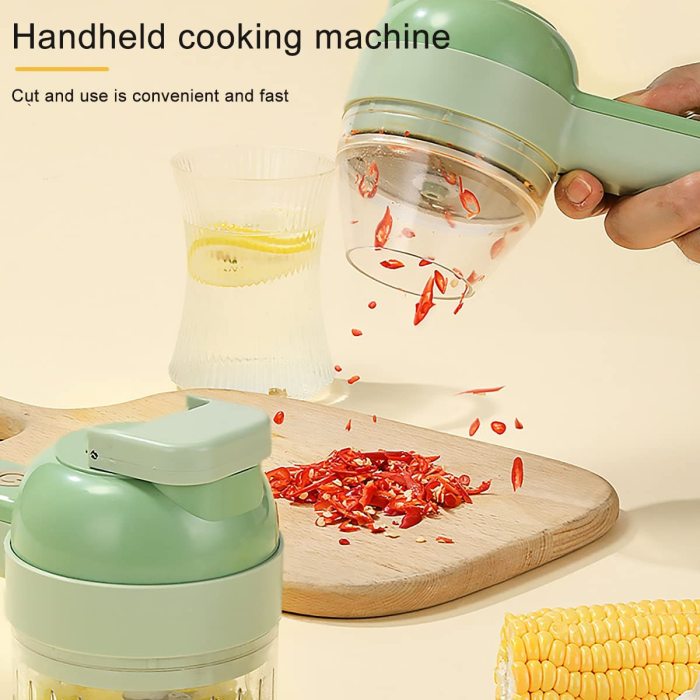 1pc 4 In 1 Vegetable Chopper Handheld Electric Vegetable Cutter Set Portable Wireless Garlic Mud Masher Garlic Press And Slicer Set Multifunctional Electric Mini Food Processor With Brush For Ginger Peppers Onions Garlic Vegetable Chopper