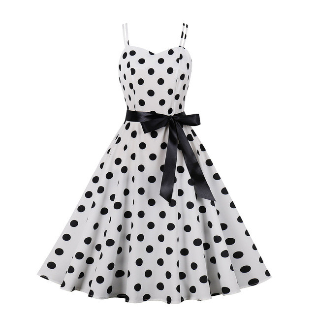 2023 New Fashion Polka Dot Vintage Spaghetti Strap A-Line Summer Dresses for Women Vacation Beach Casual Belted Slip Women Dress