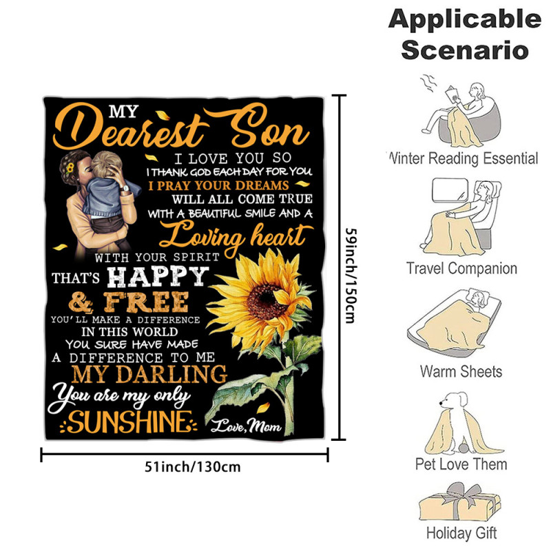 1pc Sunflower Throw Blanket, Letter To Son Blanket, Flannel Blanket For Living Room & Bedroom, Gift For Son