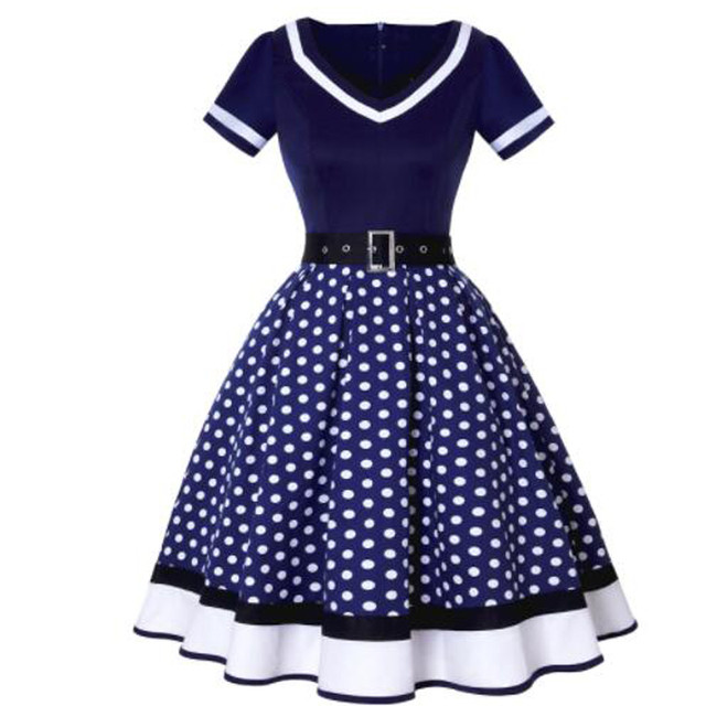 2022 Vintage 50s 60s Women's Vintage Party Dress With Belt Polka Dot Print Short Sleeve Hepburn Robe Pin Up Rockabilly Dresses