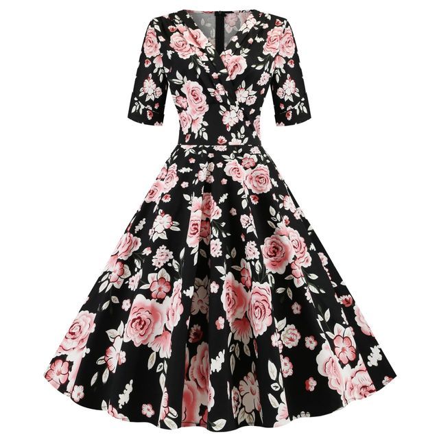2023 New Hepburn Vintage Cotton Floral Print Flower Dress Casual Short Sleeve Retro 50s 60s Swing Women Summer Swing Dresses